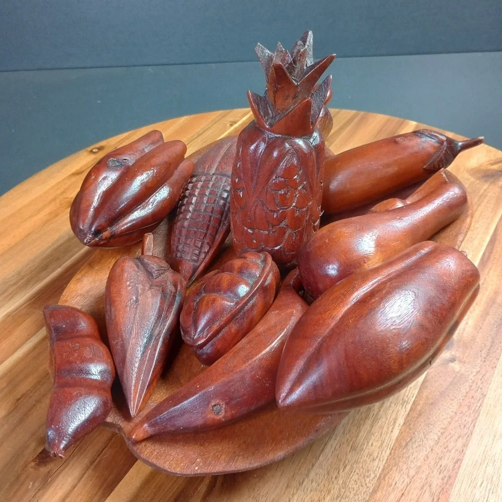 Vintage MCM Wooden Fruit Bowl with 10 pc Wooden Fruit Veggie‎ Decorative Dish